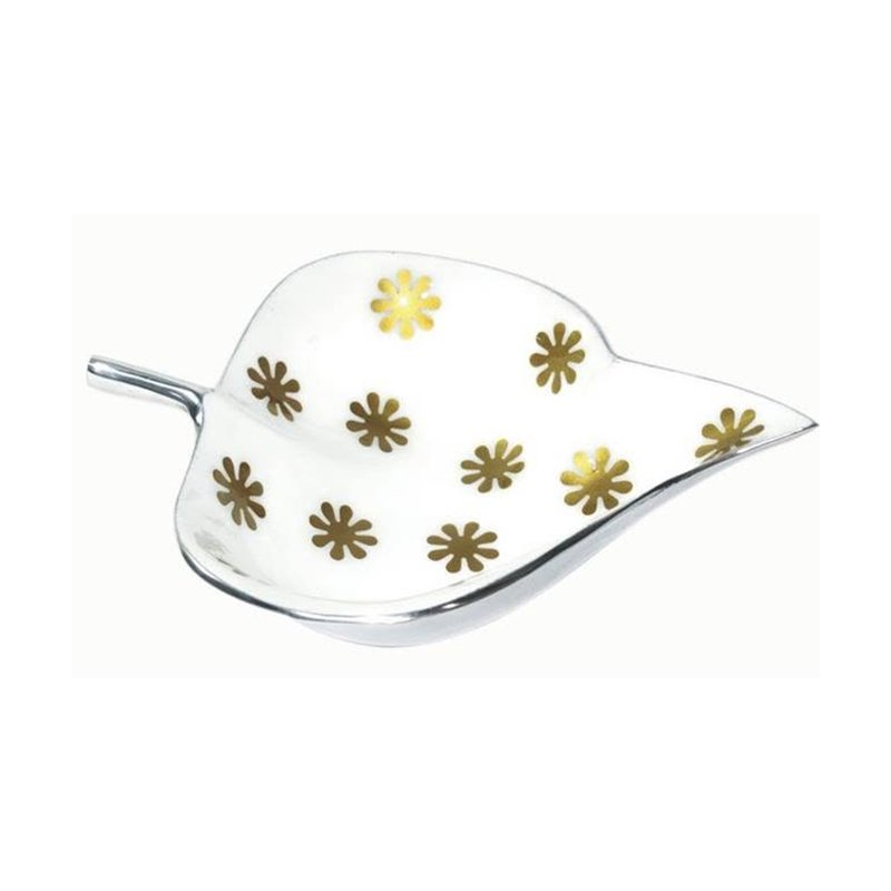 Leaf dish, white enamel with gold flowers
